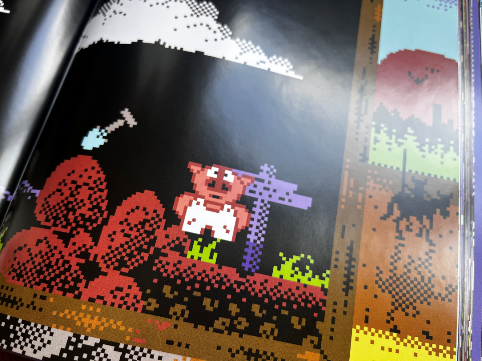 A picture from the game Knoorkie with a pig in a white jumpsuit next to a shovel, and a large white cloud above the pig