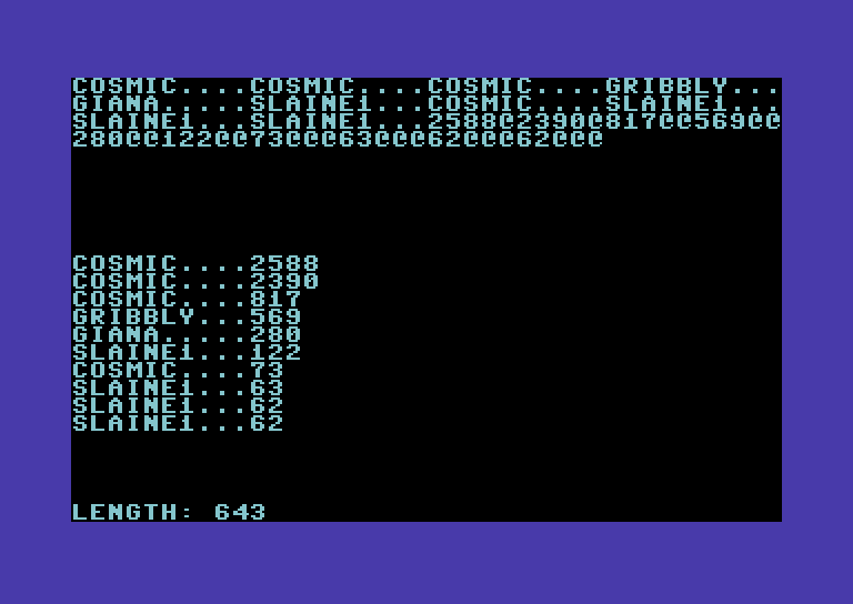 Client in action. From the top: table in memory, output parsed by 6502 JSON Parser, length of the HTTP response.